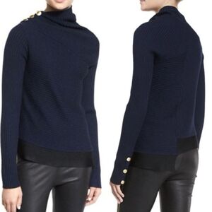 RAG & BONE Reanna Merino Blue Black Rib Knit Asymmetrical Sweater Sz Small